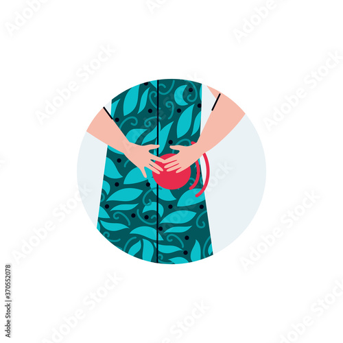 Stomach ache concept - person holding their belly with painful red spot pulsating on body part. Vector illustration of hand close up touching sick abdomen with pain dot.