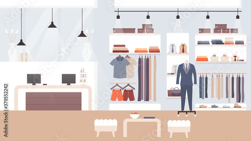 Male fashion store, clothing shop vector illustration. Cartoon flat empty showroom interior with trendy fashionable man clothes for sale on shelves and mannequins, indoor fashion boutique background
