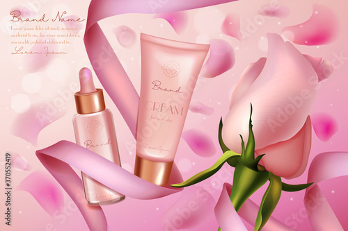 Pink rose luxury cosmetics vector illustration. Beauty cosmetic product promo poster with skin care cream serum in glass bottle and plastic tube packaging, soft pink ribbon and rose flower background