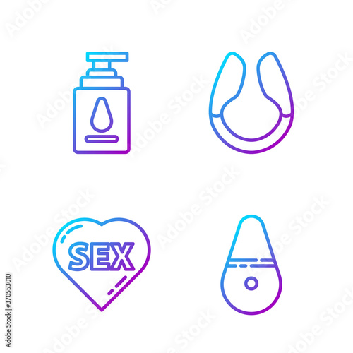 Set line Dildo vibrator, Heart with text Sex, Personal lubricant and Dildo vibrator. Gradient color icons. Vector.