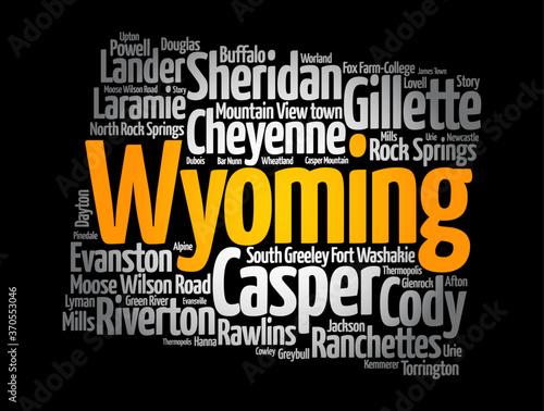 List of cities in Wyoming USA state, map silhouette word cloud, map concept background