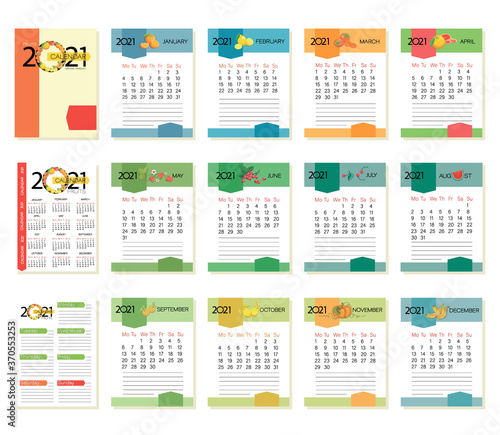 Fruit calendar 2021. Desk calendar. Weekly planning. Set. Cover design, calendar and organizer 