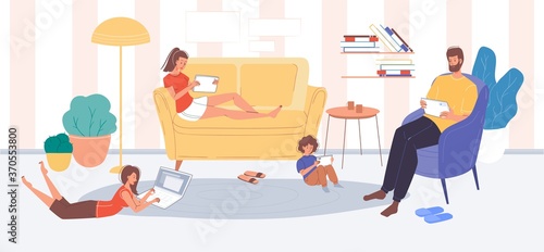 Family member character surfing internet using portable electronics. Mother, father, children online pastime at home. Adults, kids social media networks users. Digital technology addiction problem