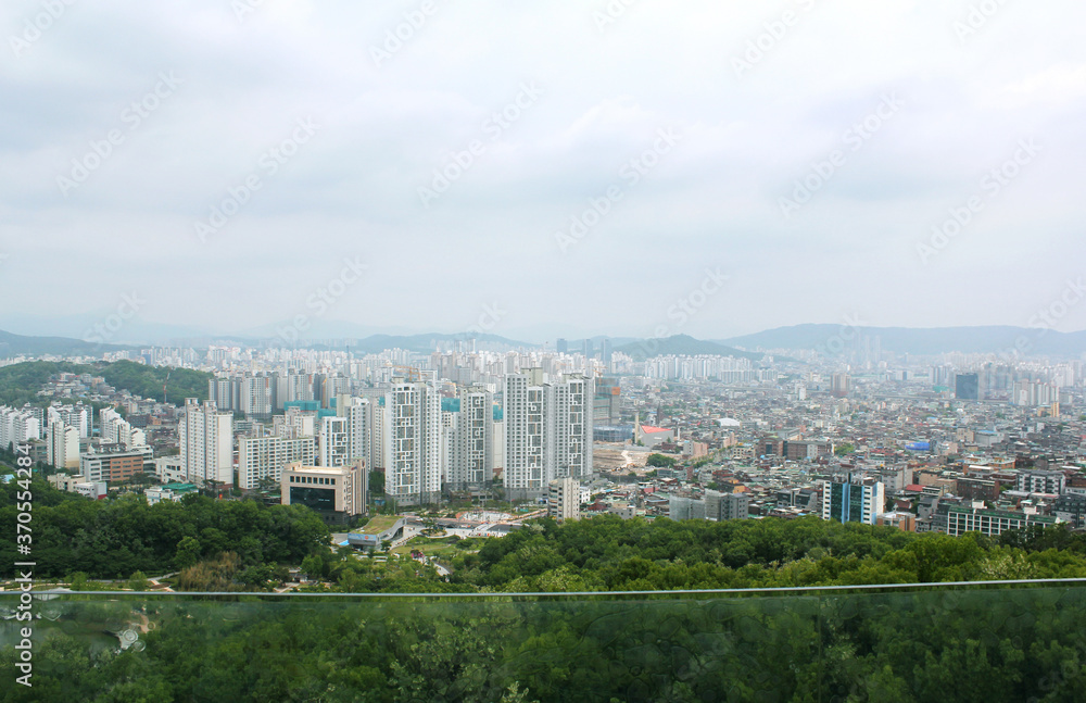 SEOUL, SOUTH KOREA ; Aerial view of Seoul, houses and forest view . SEOUL, SOUTH KOREA ; Aerial view of Seoul, houses and forest view .