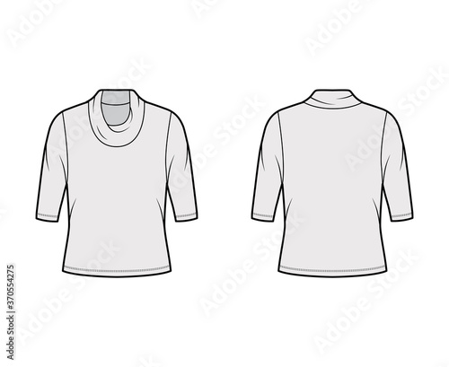 Cowl turtleneck jersey sweater technical fashion illustration with elbow sleeves, oversized body. Flat outwear apparel template front, back grey color. Women men unisex shirt top CAD mockup