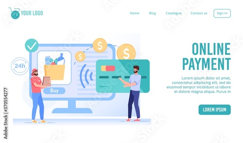 Easy online payment for food or grocery e-order, fast delivery service landing page. Customer pay with credit card using wireless cashless technology for money transfer. Internet shopping, e-commerce © VectorSpace