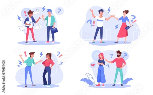 Evil angry aggressive people character arguing set. Boss chief yelling on subordinate employee, lovers or wife husband quarreling, girl friends shouting bundle. Aggression, negative expression concept