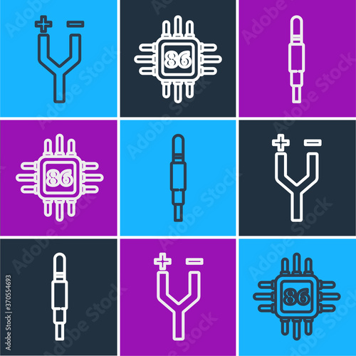 Set line Electric cable, Audio jack and Processor with microcircuits CPU icon. Vector.