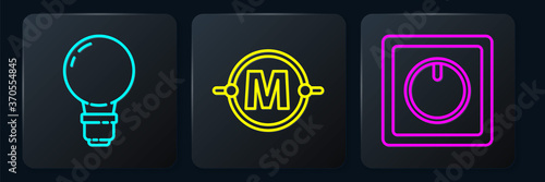 Set line Light bulb with concept of idea, Electric light switch and Electric circuit scheme. Black square button. Vector.
