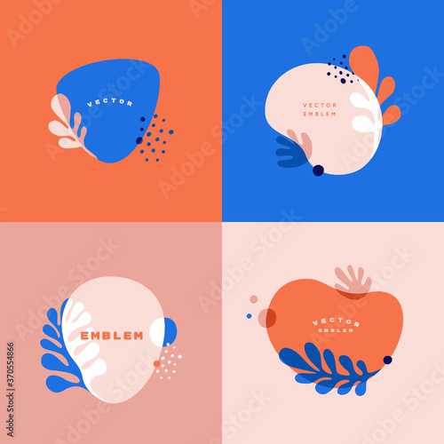 Vector set of abstract floral backgrounds with copy space for text in red and blue colors with effect of overprinting. Banners and templates with leaves and plants for posters,  cover designs