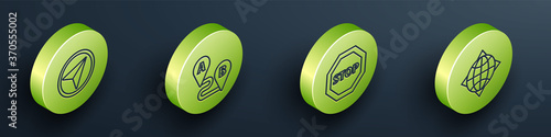 Set Isometric Infographic of city map navigation, Route location, Stop sign and World globe with compass icon. Vector.