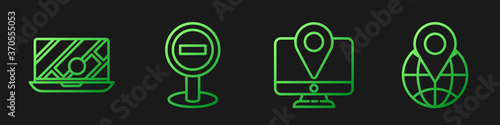 Set line Monitor with location marker, City map navigation, Stop sign and Location on the globe. Gradient color icons. Vector.