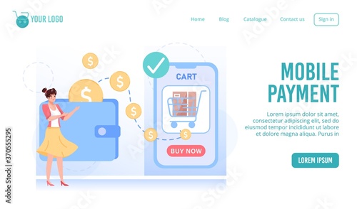 Mobile payment technology for online shopping. E-order, purchase, delivery, cashless money transaction at digital marketing shop. Woman using e-wallet to pay for order. Digital technology transfer