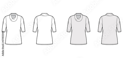 Cowl turtleneck jersey sweater technical fashion illustration with elbow sleeves, oversized body, tunic length. Flat outwear apparel template front, back white grey color. Women, men unisex shirt CAD
