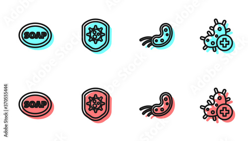 Set line Virus, Bar of soap, Shield protecting from virus and Positive icon. Vector.
