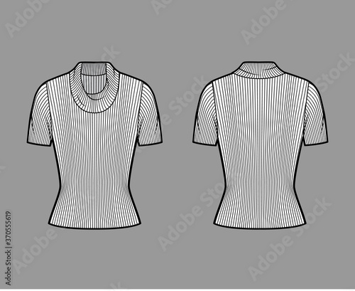 Ribbed cowl turtleneck knit sweater technical fashion illustration with short rib sleeves, close-fitting shape. Flat sweater apparel template front, back white color. Women, men, unisex shirt top CAD
