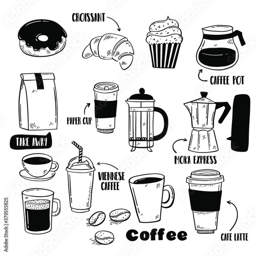 Vector hand drawn coffee set. Sketch collection