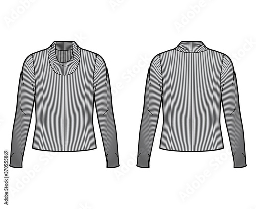 Ribbed cowl turtleneck knit sweater technical fashion illustration with long sleeves, oversized body. Flat sweater apparel template front back grey color. Women men unisex shirt top CAD mockup