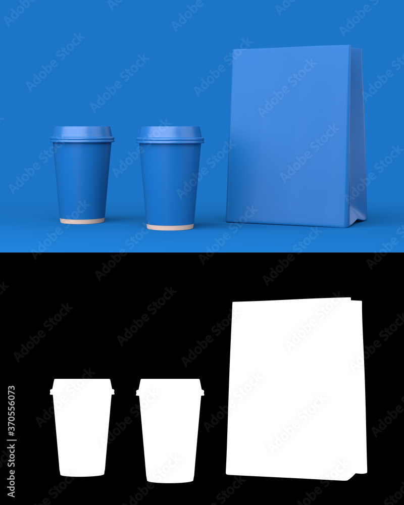 Two disposable plastic cups and paper bag standing in a row. Mockup for your design. 3d illustration rendering. Alpha Channel mask.