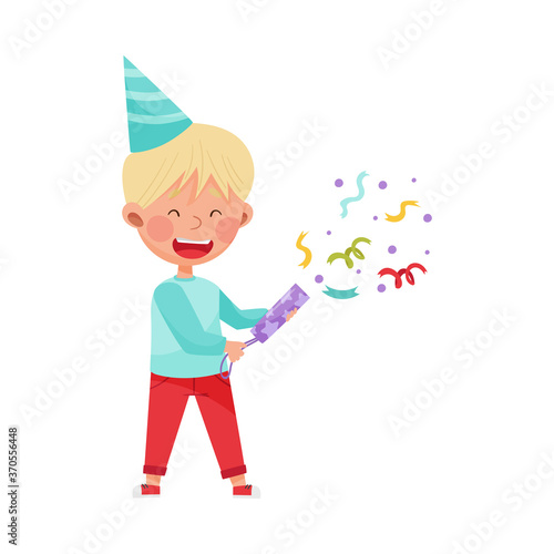 Boy Character in Birthday Hat Throwing Confetti Vector Illustration