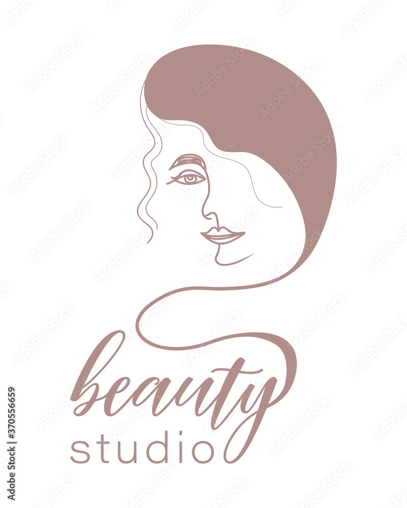 Vector abstract logo for beauty salon, hair salon, cosmetics, care. Icon template design of young beautiful woman with long groomed hair. Female beauty sign in pastel colors. Vector illustration.