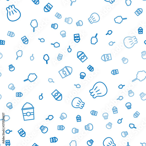 Set line Popcorn in box, Khinkali on cutting board and Cotton candy on seamless pattern. Vector.
