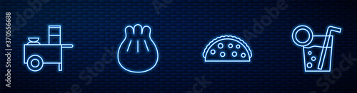 Set line Taco with tortilla, Fast street food cart, Khinkali on cutting board and Cocktail. Glowing neon icon on brick wall. Vector.