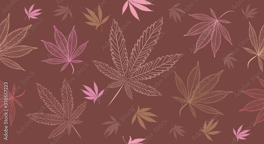 Vector Seamless Medical Cannabis Pattern in Neutral, Earth Tones. Modern Cannabis Leaves Illustration for Background, Packaging Design, Banners, Posters. Hand Drawn Silhouttes of Weed Leaves.