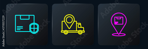 Set line Delivery security with shield, Location cardboard box and tracking. Black square button. Vector.