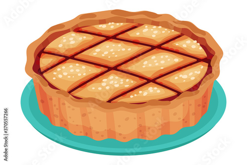 Baked Sweet Pie with Filling and Crust Made of Shortcrust Pastry Vector Illustration