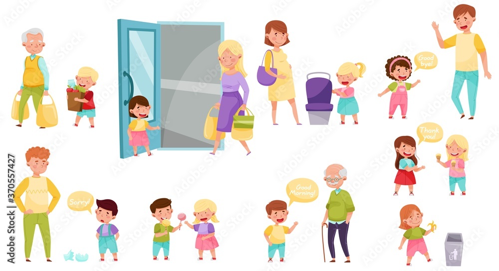 Little Boy and Girl Sharing Treats and Yielding Seat Vector Illustration Set