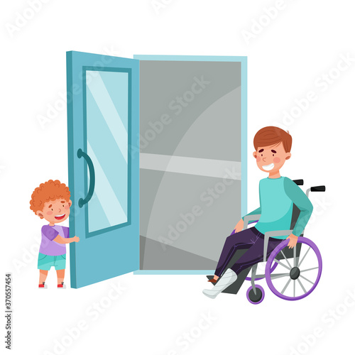 Little Boy Opening Door to Young Man on Wheelchair Vector Illustration