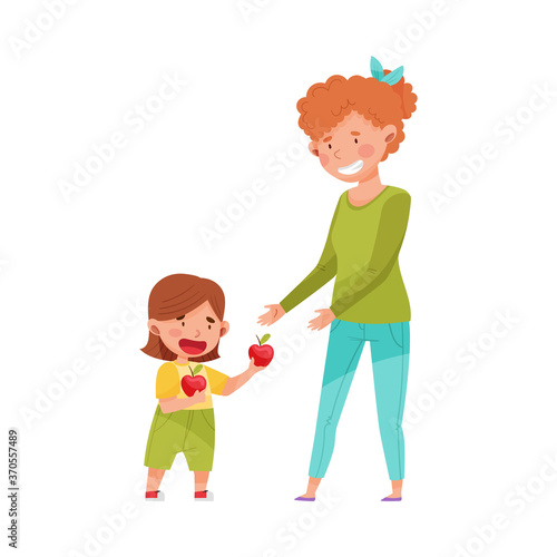 Little Girl Sharing Apple with Young Woman Vector Illustration