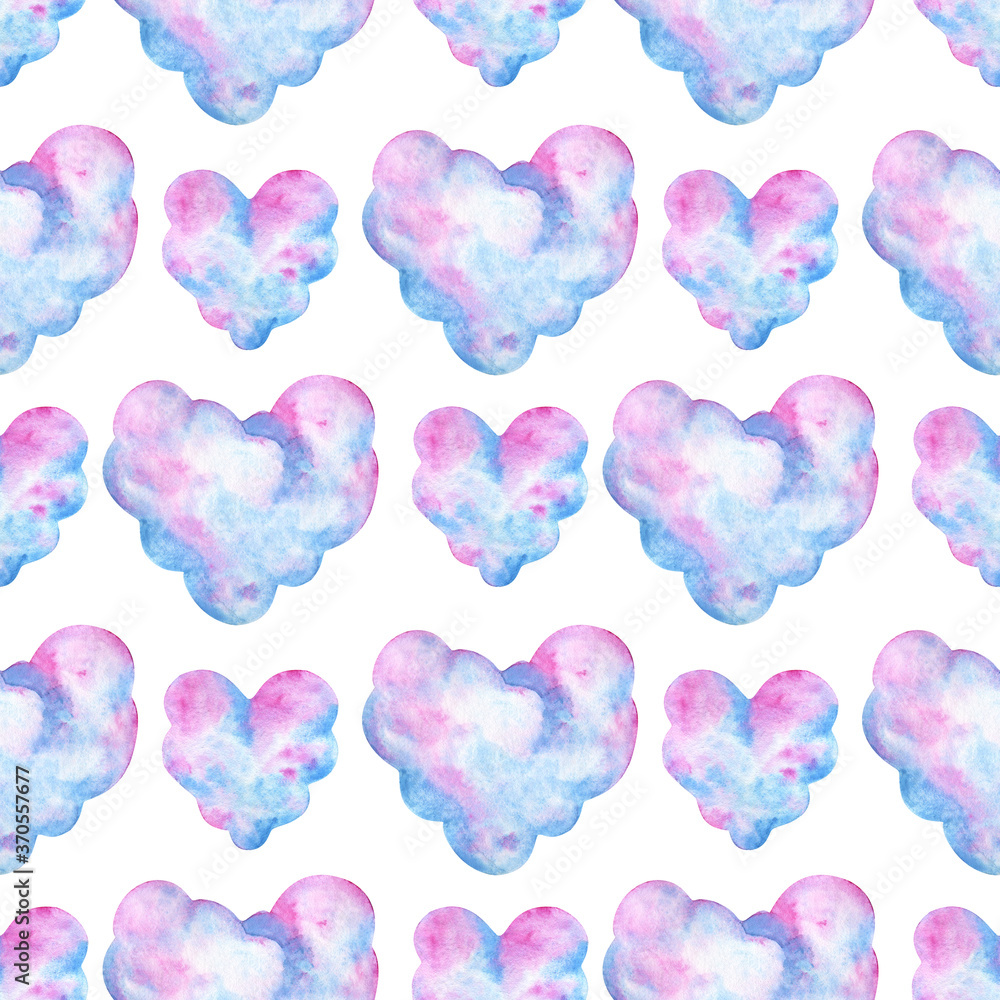 Delicate clouds in the shape of a heart. Seamless pattern with watercolor illustrations on a white background. Romantic sky print for fabric, textile, paper. Stock image.