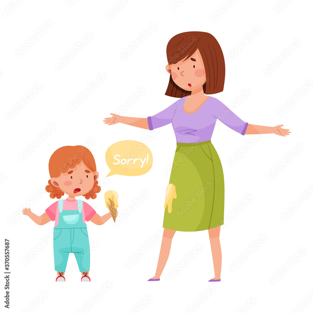 Little Girl Apologizing for Staining Skirt of Young Woman Vector Illustration