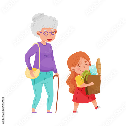 Polite Girl Carrying Shopping Bag Helping Senior Woman Vector Illustration