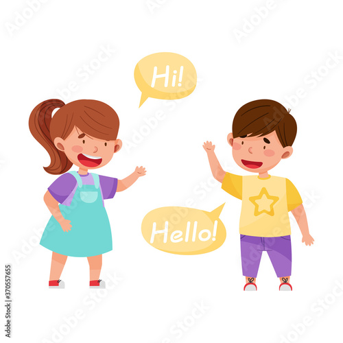 Cheerful Boy and Girl Saying Hello to Each Other Vector Illustration