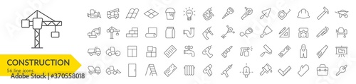 Construction line icon set. Construction vehicle, elements, tools. Vector illustration. Collection