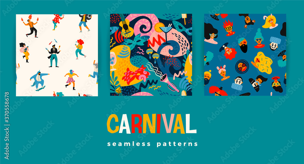 Vector seamless patterns with funny dancing men and women in bright modern costumes, carnival objects and abstract shapes. Vector seamless patterns with funny dancing men and women in bright modern costumes, carnival objects and abstract shapes.