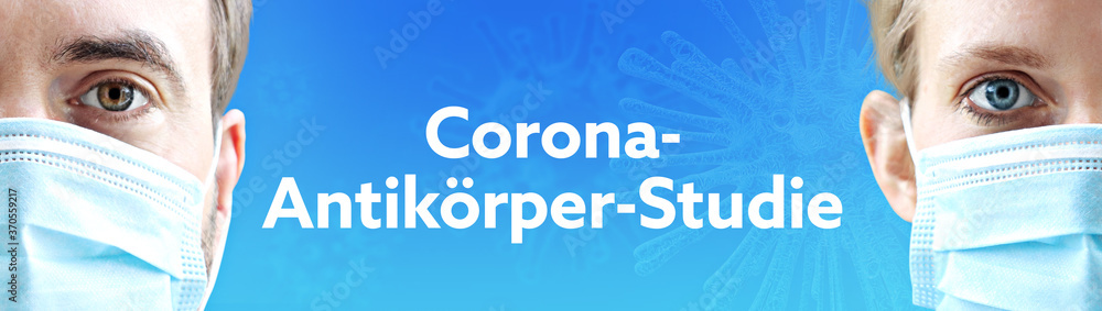 Corona-Antikörper-Studie. Gesichter von Mann und Frau mit Mundschutz. Paar mit Maske vor blauen Hintergrund mit Text. Virus, Atemmaske, Corona Corona-Antikörper-Studie. Gesichter von Mann und Frau mit Mundschutz. Paar mit Maske vor blauen Hintergrund mit Text. Virus, Atemmaske, Corona