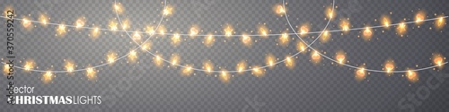 Christmas lights on transparent background. Glowing gold garland for Xmas Holiday. String with glowing bulbs and little lights effects isolated. Vector stock illustration. Shine decoration lamp design