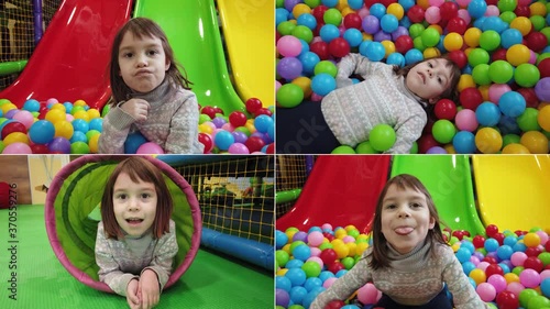 Split screen. The little child plays in the play center. Blonde girl in the ball pool. photo