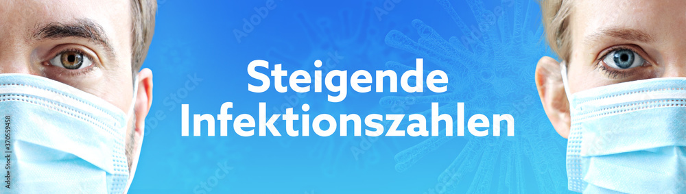 Steigende Infektionszahlen. Gesichter von Mann und Frau mit Mundschutz. Paar mit Maske vor blauen Hintergrund mit Text. Virus, Atemmaske, Corona Steigende Infektionszahlen. Gesichter von Mann und Frau mit Mundschutz. Paar mit Maske vor blauen Hintergrund mit Text. Virus, Atemmaske, Corona