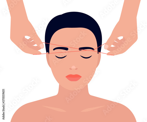 Eyebrow shaping with thread. Removing excess facial hair. Woman face and hands with thread. Hair removal procedure, threading. Vector illustration