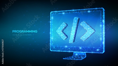 Programming concept. Abstract low polygonal computer monitor with programming code symbol. Coding or Hacker background. Development and software concept. Vector Illustration.
