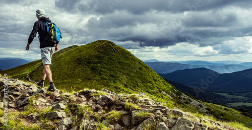 Fototapeta Naklejka Na Ścianę i Meble -  Mountain hiking. Walking on a rocks in the mountains. Bieszczady Poland.