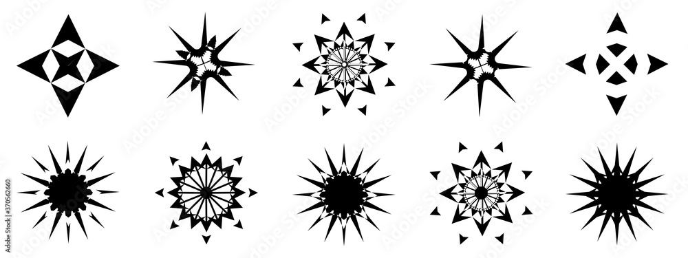 Collection vector of black starburst, stars, sunlight, snowflakes, burst icon shape, abstract background texture pattern seamless wallpaper illustration design Collection vector of black starburst, stars, sunlight, snowflakes, burst icon shape, abstract background texture pattern seamless wallpaper illustration design