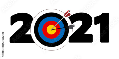 Concept de présentation de l’objectif d’une entreprise avec une flèche qui transperse la cible qui forme le zéro de l’année 2021.