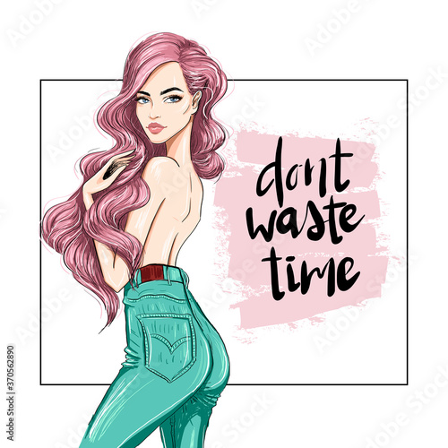 pink long hair woman in green jeans banner