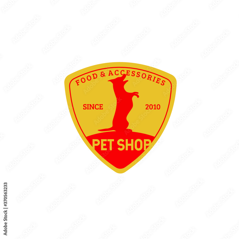 Vector illustration of red standing dog silhouette in yellow rounded triangle frame isolated on white background perfect for pet shop business logo 